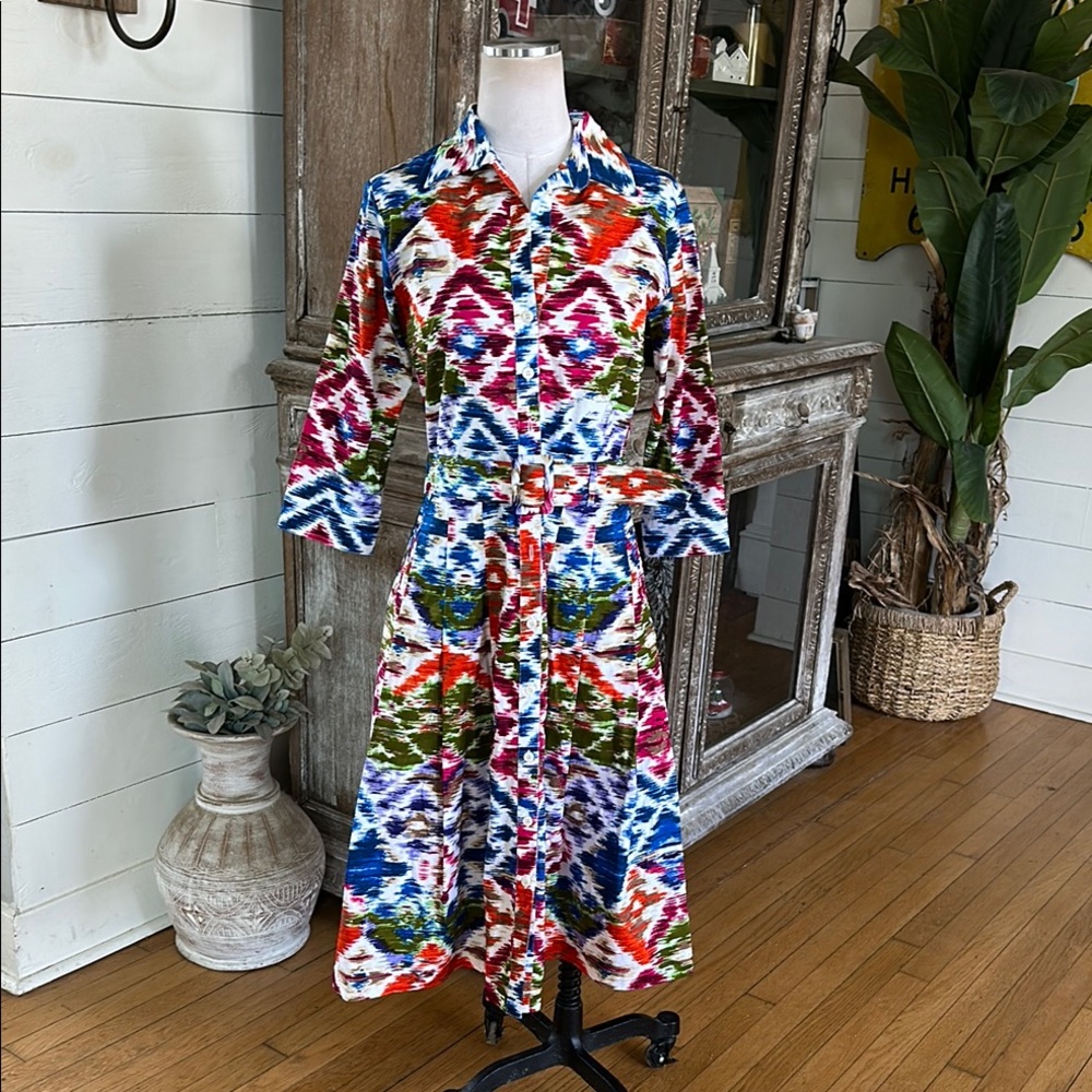 SAMANTHA SUNG PRITNED A LINE BELTED DRESS 8 EXCELLENT POCKETS STRETCH